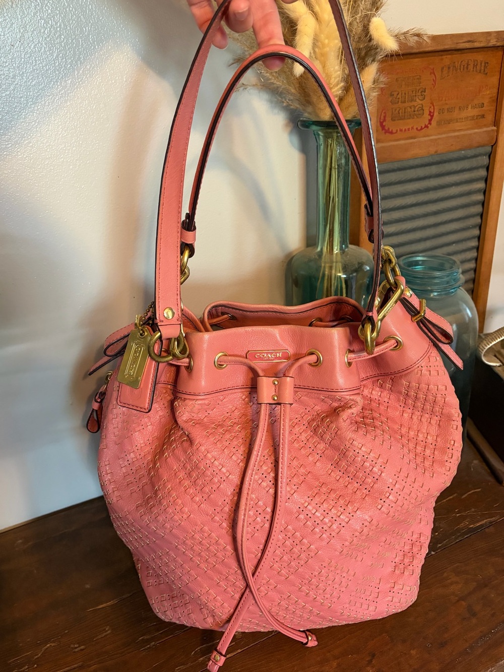 Coach Madison Marielle Pink Woven Leather Drawstring Cinch Shoulder Bag F22862